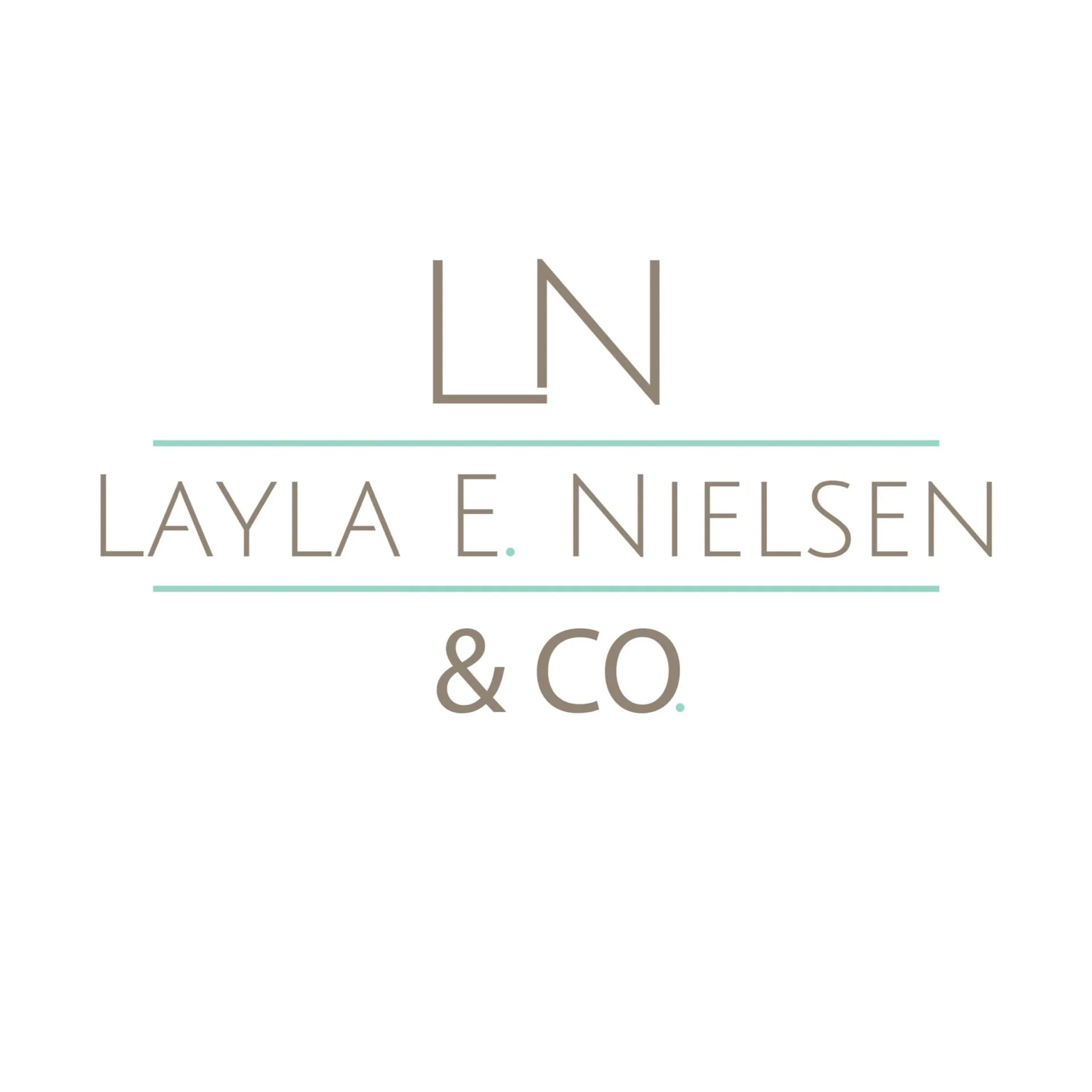 Layla E. Nielsen & Co. logo with initials LN above the full name and turquoise horizontal lines