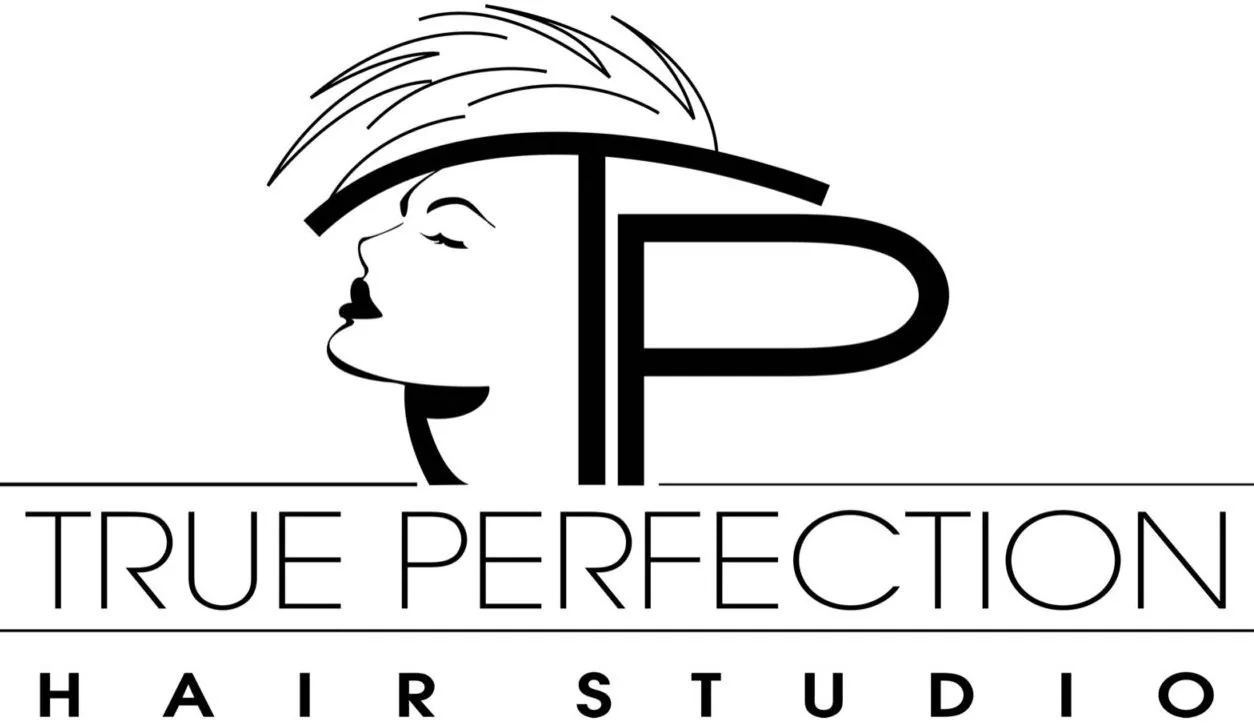 Line drawing logo of a woman's profile with styled hair next to letters TP, with text reading True Perfection Hair Studio below