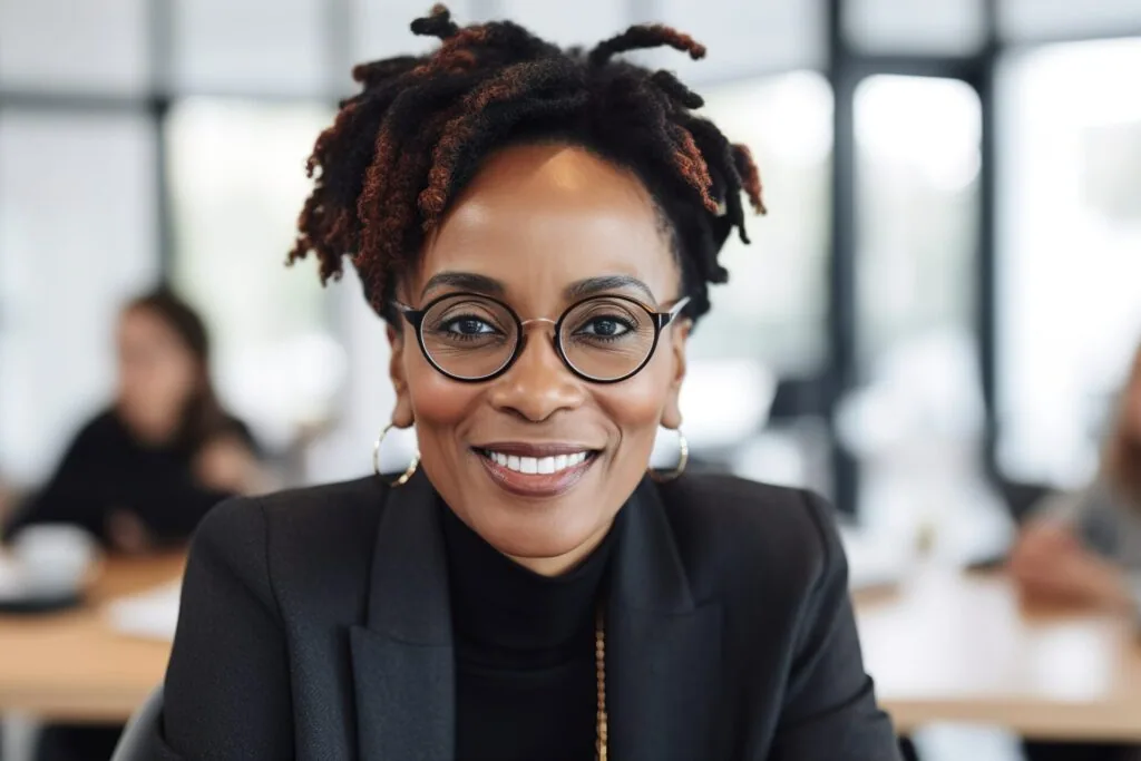 Woman with dreadlocks and glasses smiling at camera in modern office setting
