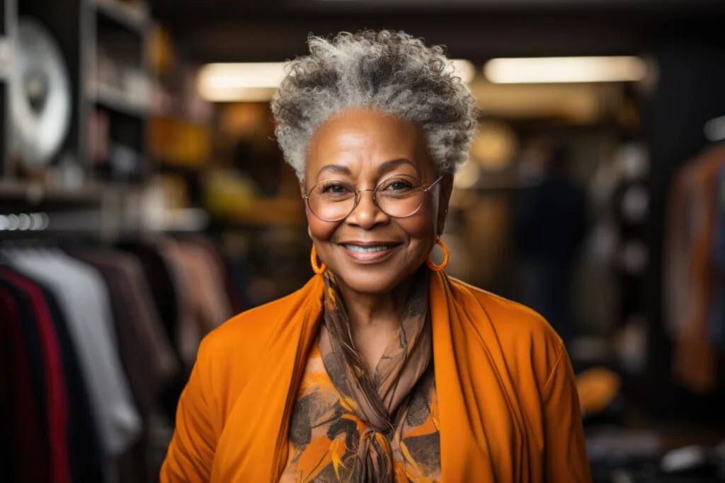 Smiling woman with gray hair wearing glasses and orange cardigan in retail environment
