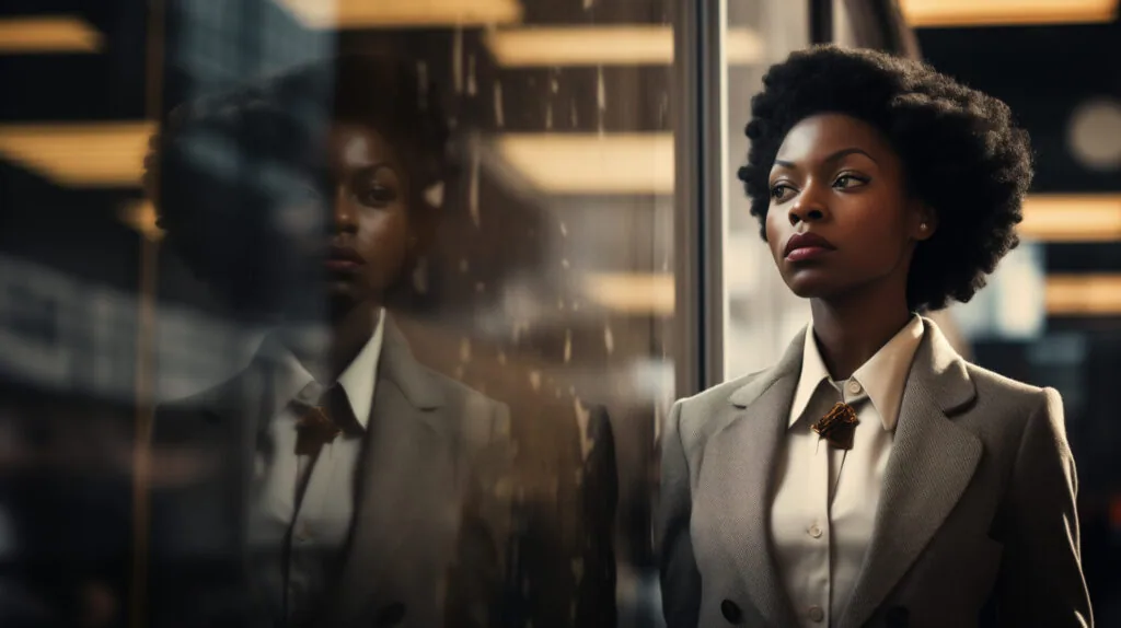 Professional woman in beige blazer standing by window with city buildings reflected in glass