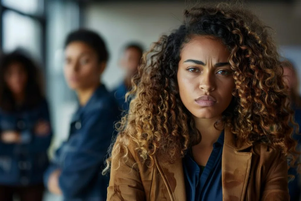 Woman with curly reddish-brown hair wearing a tan blazer looking directly at camera with serious expression, blurred colleagues in background in an office setting.