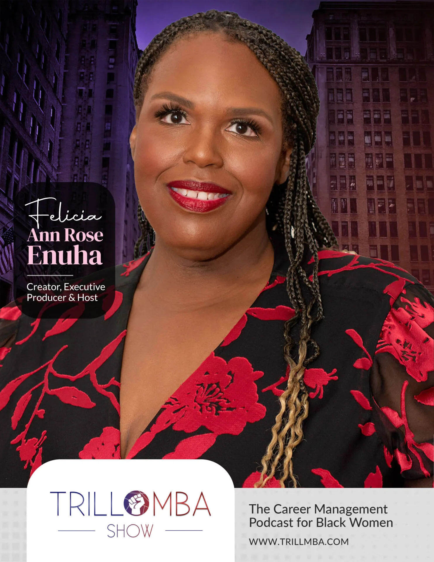 Woman with braided hair wearing red and black floral blazer, smiling at camera with purple cityscape background