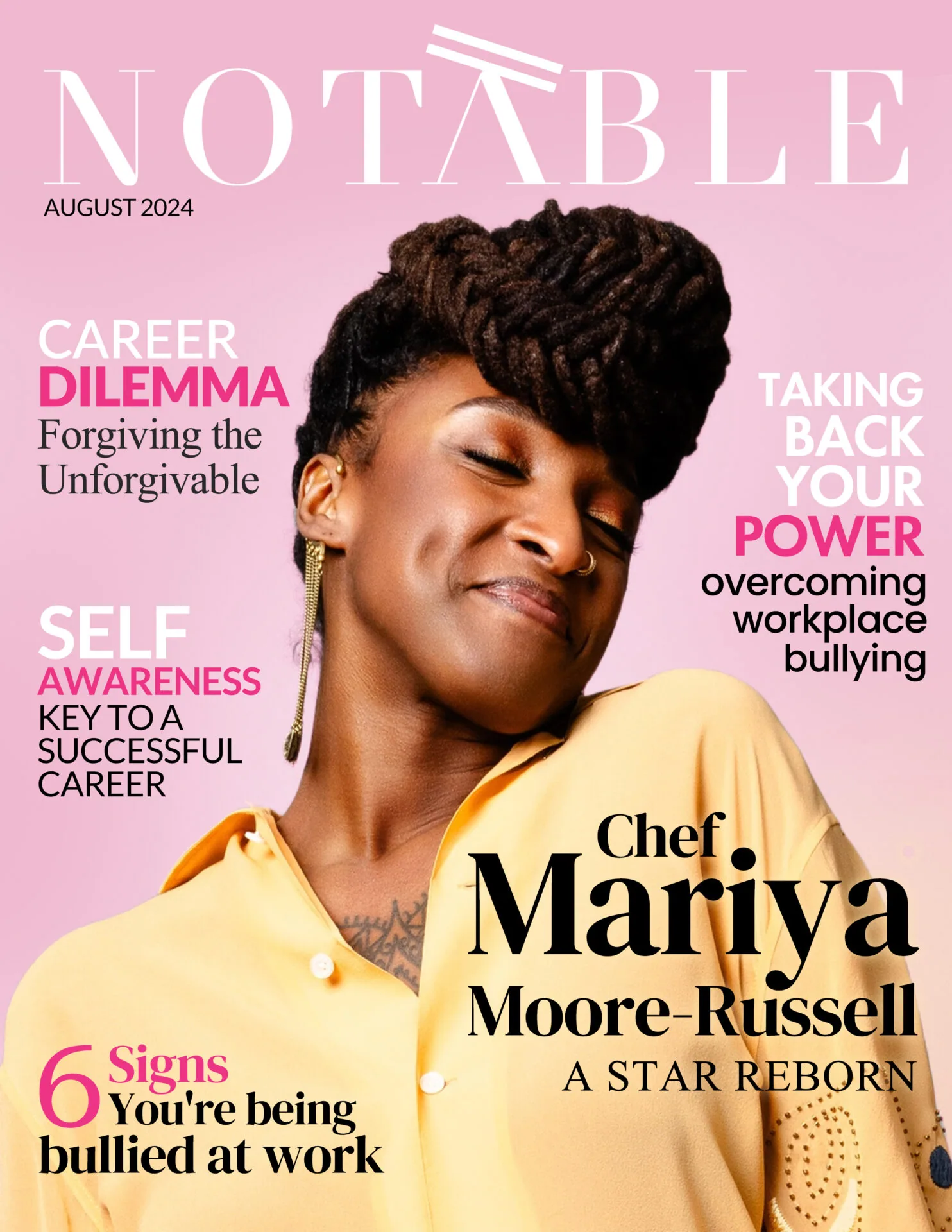 Magazine cover featuring woman in yellow shirt with braided updo hairstyle against pink background with text about career, self-awareness, and workplace bullying